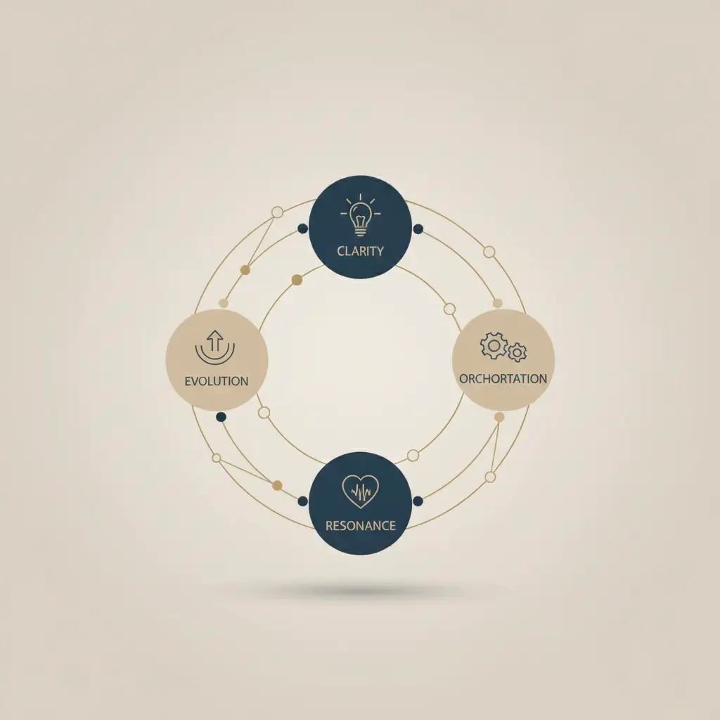 Contextual Image (to illustrate the CORE Model section): A layered conceptual diagram showing interconnected elements of clarity, orchestration, resonance, and evolution. Minimalist grid layout with soft gradients on a neutral background, in brand-consulting tones of dark blue and warm neutrals. Modern and clean, designed to simplify complex ideas visually.
Proprietary Visual Framework (Signature Visual Index for the CORE Model): A timeless, modular system depicting the CORE pillars in a circular, interconnected format. Flat design with subtle shadows for depth, aligned with premium consultancy aesthetics—trust-focused dark blue, clarity-driven neutrals, and elegant accents. Scalable and abstract, serving as a recurring asset for presentations and content.